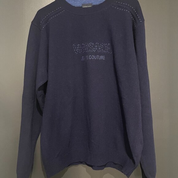 NWT Navy Blue Versace Jeans Couture Long Sleeve Stitched Wool Sweater Size XL - Picture 1 of 8